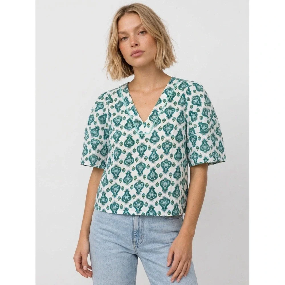 Loft Women's Top Blouse Puff Sleeve Square Fit Floral Medallion Patterned  Sz S